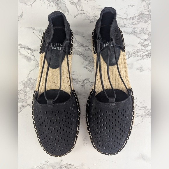 Eileen Fisher Shoes - Eileen Fisher Black Perforated Suede Lace Espadrilles Size 7.5